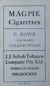 1921 J.J.Schuh Magpie Cigarettes Victorian League Footballers #NNO Percy Rowe Back